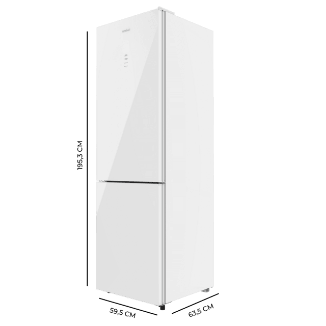 Bolero CoolMarket Combi 335 White Glass E Frigorífico combi cristal blanco de libre instalación, 195,3cm alto por 59,5cm ancho, Capacidad 333L, No Frost, Compresor Inverter Plus, Cajón temperatura variable Fresh Flex, Cajón con control de humedad,  Multi AirFlow, Fast Cooling y Fast Freezing, Luz Led, Apertura 90º,  Control electrónico, Puerta Reversible, Estantes de cristal y Clase E.
