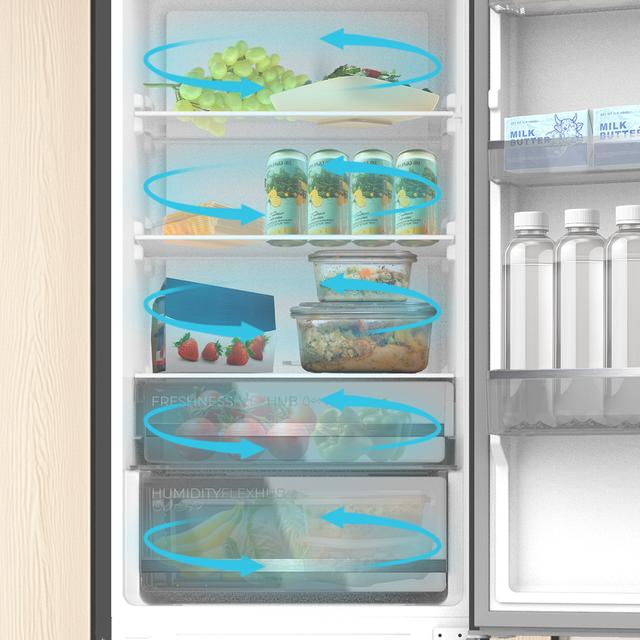 Bolero CoolMarket Combi 335 Black Glass E Frigorífico combi cristal negro de libre instalación, 195,3cm alto por 59,5cm ancho, Capacidad 333L, No Frost, Compresor Inverter Plus, Cajón temperatura variable Fresh Flex, Cajón con control de humedad,  Multi AirFlow, Fast Cooling y Fast Freezing, Luz Led, Apertura 90º,  Control electrónico, Puerta Reversible, Estantes de cristal y Clase E.