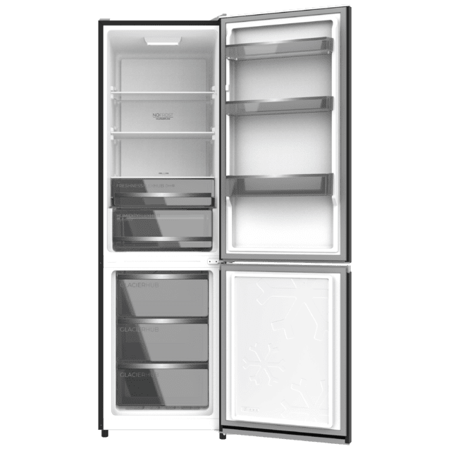 Bolero CoolMarket Combi 335 Black Glass E Frigorífico combi cristal negro de libre instalación, 195,3cm alto por 59,5cm ancho, Capacidad 333L, No Frost, Compresor Inverter Plus, Cajón temperatura variable Fresh Flex, Cajón con control de humedad,  Multi AirFlow, Fast Cooling y Fast Freezing, Luz Led, Apertura 90º,  Control electrónico, Puerta Reversible, Estantes de cristal y Clase E.