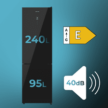 Bolero CoolMarket Combi 335 Black Glass E Frigorífico combi cristal negro de libre instalación, 195,3cm alto por 59,5cm ancho, Capacidad 333L, No Frost, Compresor Inverter Plus, Cajón temperatura variable Fresh Flex, Cajón con control de humedad,  Multi AirFlow, Fast Cooling y Fast Freezing, Luz Led, Apertura 90º,  Control electrónico, Puerta Reversible, Estantes de cristal y Clase E.
