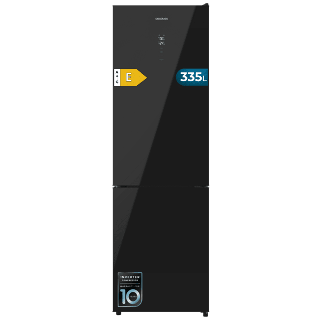 Bolero CoolMarket Combi 335 Black Glass E Frigorífico combi cristal negro de libre instalación, 195,3cm alto por 59,5cm ancho, Capacidad 333L, No Frost, Compresor Inverter Plus, Cajón temperatura variable Fresh Flex, Cajón con control de humedad,  Multi AirFlow, Fast Cooling y Fast Freezing, Luz Led, Apertura 90º,  Control electrónico, Puerta Reversible, Estantes de cristal y Clase E.