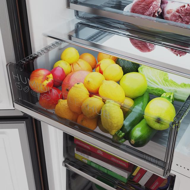 Bolero CoolMarket Combi 335 Black Glass E Réfrigérateur-congélateur en verre noir pose libre, 195,3 cm de hauteur, 59,5 cm de largeur, capacité de 335 L, No Frost, compresseur Inverter Plus, compartiment Fresh Flex 0 ºC avec contrôle de l'humidité, Multi AirFlow, Fast Cooling et Fast Freezing, bac à fruits et légumes, lumière LED, contrôle électronique, porte réversible, clayettes en verre et classe E.