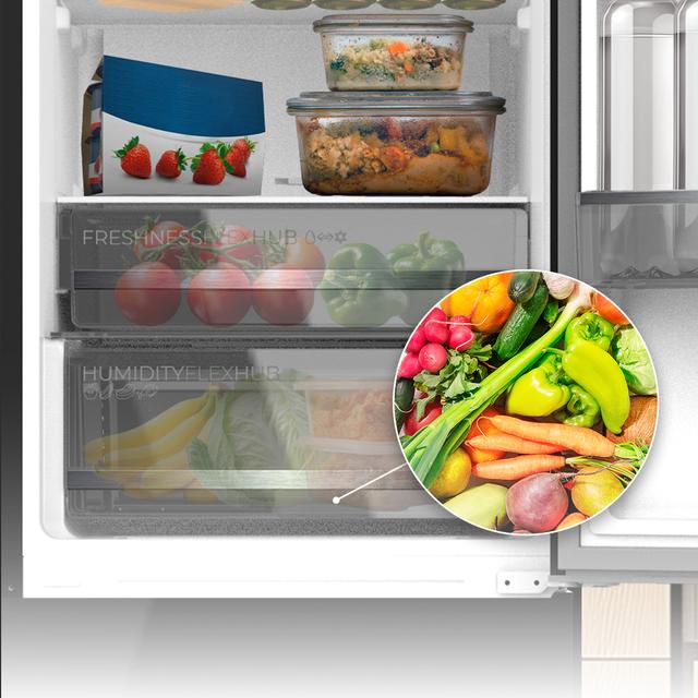 Bolero CoolMarket Combi 335 Black Glass E Frigorífico combi cristal negro de libre instalación, 195,3cm alto por 59,5cm ancho, Capacidad 333L, No Frost, Compresor Inverter Plus, Cajón temperatura variable Fresh Flex, Cajón con control de humedad,  Multi AirFlow, Fast Cooling y Fast Freezing, Luz Led, Apertura 90º,  Control electrónico, Puerta Reversible, Estantes de cristal y Clase E.