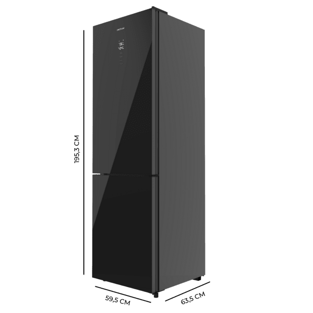 Bolero CoolMarket Combi 335 Black Glass E Frigorífico combi cristal negro de libre instalación, 195,3cm alto por 59,5cm ancho, Capacidad 333L, No Frost, Compresor Inverter Plus, Cajón temperatura variable Fresh Flex, Cajón con control de humedad,  Multi AirFlow, Fast Cooling y Fast Freezing, Luz Led, Apertura 90º,  Control electrónico, Puerta Reversible, Estantes de cristal y Clase E.