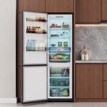Bolero CoolMarket Combi 335 Black Glass E Réfrigérateur-congélateur en verre noir pose libre, 195,3 cm de hauteur, 59,5 cm de largeur, capacité de 335 L, No Frost, compresseur Inverter Plus, compartiment Fresh Flex 0 ºC avec contrôle de l'humidité, Multi AirFlow, Fast Cooling et Fast Freezing, bac à fruits et légumes, lumière LED, contrôle électronique, porte réversible, clayettes en verre et classe E.