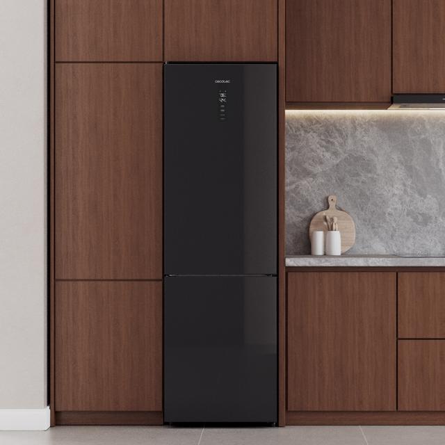 Bolero CoolMarket Combi 335 Black Glass E Réfrigérateur-congélateur en verre noir pose libre, 195,3 cm de hauteur, 59,5 cm de largeur, capacité de 335 L, No Frost, compresseur Inverter Plus, compartiment Fresh Flex 0 ºC avec contrôle de l'humidité, Multi AirFlow, Fast Cooling et Fast Freezing, bac à fruits et légumes, lumière LED, contrôle électronique, porte réversible, clayettes en verre et classe E.