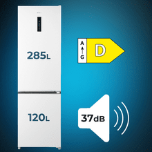 Bolero CoolMarket Combi 405 WL White Inox D Refrigerador combinado em aço inoxidável branco com MAX INSIDE, MetalFlex Cooling, Fresh Flex, Elite Grey, ADF+ Anti-odor, Display colorido, Total NoFrost, Porta reversível, Compressor Inverter Plus, Ultra Silencioso 37dB, Modo ECO, Congelamento ultrarrápido, Resfriamento rápido, Classe energética D