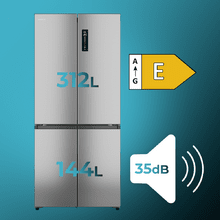 Bolero CoolMarket 4D 456 SBI Inox E Frigorífico 4 Puertas, Semi-Integrable, Ventilación frontal, MetalFlexCooling, Zona convertible (frigorífico-congelador), NoFrost, Esterilización por iones, Extra Capacidad Max Inside 456 Litros, Compresor Inverter Silencioso 35dB, Funciones SuperCool y SuperFreeze, Modo Vacaciones, Display