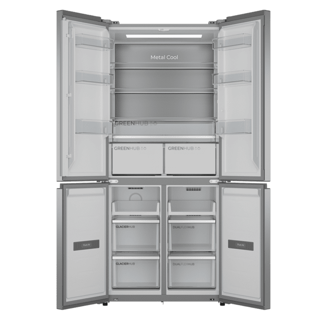 Bolero CoolMarket 4D 456 SBI Inox E Frigorífico 4 Puertas, Semi-Integrable, Ventilación frontal, MetalFlexCooling, Zona convertible (frigorífico-congelador), NoFrost, Esterilización por iones, Extra Capacidad Max Inside 456 Litros, Compresor Inverter Silencioso 35dB, Funciones SuperCool y SuperFreeze, Modo Vacaciones, Display