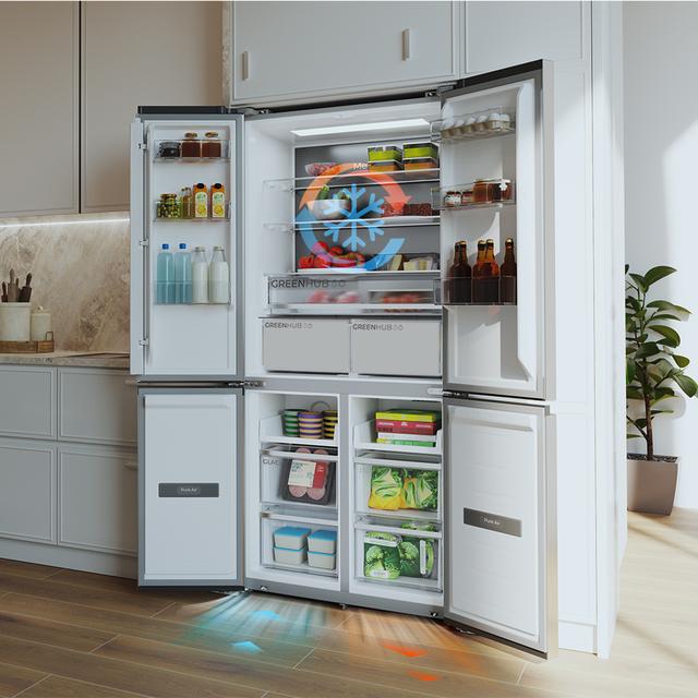 Bolero CoolMarket 4D 456 SBI Inox E Frigorífico 4 Puertas, Semi-Integrable, Ventilación frontal, MetalFlexCooling, Zona convertible (frigorífico-congelador), NoFrost, Esterilización por iones, Extra Capacidad Max Inside 456 Litros, Compresor Inverter Silencioso 35dB, Funciones SuperCool y SuperFreeze, Modo Vacaciones, Display