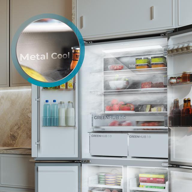 Bolero CoolMarket 4D 456 SBI Inox E Frigorífico 4 Puertas, Semi-Integrable, Ventilación frontal, MetalFlexCooling, Zona convertible (frigorífico-congelador), NoFrost, Esterilización por iones, Extra Capacidad Max Inside 456 Litros, Compresor Inverter Silencioso 35dB, Funciones SuperCool y SuperFreeze, Modo Vacaciones, Display
