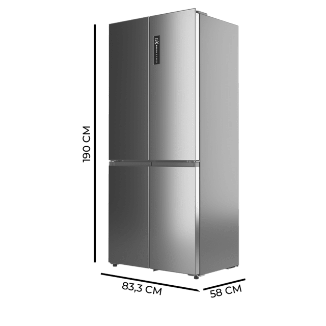 Bolero CoolMarket 4D 456 SBI Inox E Frigorífico 4 Puertas, Semi-Integrable, Ventilación frontal, MetalFlexCooling, Zona convertible (frigorífico-congelador), NoFrost, Esterilización por iones, Extra Capacidad Max Inside 456 Litros, Compresor Inverter Silencioso 35dB, Funciones SuperCool y SuperFreeze, Modo Vacaciones, Display