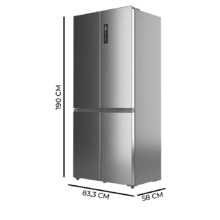 Bolero CoolMarket 4D 456 SBI Inox E Frigorífico 4 Puertas, Semi-Integrable, Ventilación frontal, MetalFlexCooling, Zona convertible (frigorífico-congelador), NoFrost, Esterilización por iones, Extra Capacidad Max Inside 456 Litros, Compresor Inverter Silencioso 35dB, Funciones SuperCool y SuperFreeze, Modo Vacaciones, Display