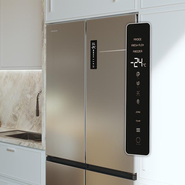 Bolero CoolMarket 4D 456 SBI Inox E Frigorífico 4 Puertas, Semi-Integrable, Ventilación frontal, MetalFlexCooling, Zona convertible (frigorífico-congelador), NoFrost, Esterilización por iones, Extra Capacidad Max Inside 456 Litros, Compresor Inverter Silencioso 35dB, Funciones SuperCool y SuperFreeze, Modo Vacaciones, Display