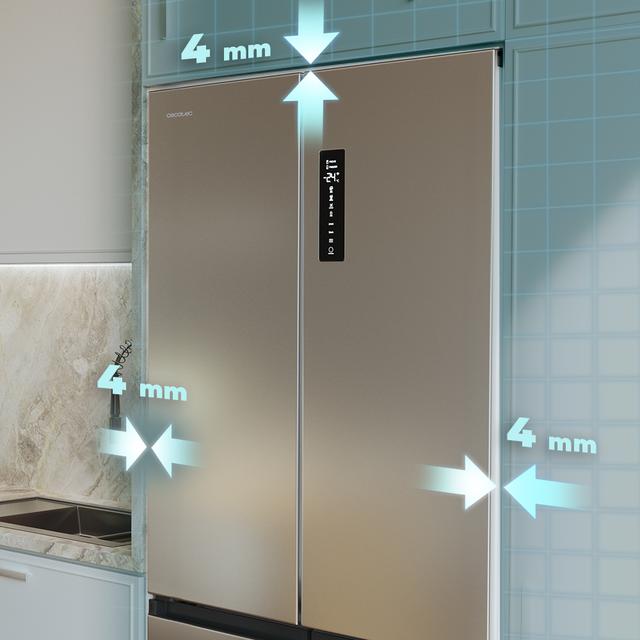 Bolero CoolMarket 4D 456 SBI Inox E Frigorífico 4 Puertas, Semi-Integrable, Ventilación frontal, MetalFlexCooling, Zona convertible (frigorífico-congelador), NoFrost, Esterilización por iones, Extra Capacidad Max Inside 456 Litros, Compresor Inverter Silencioso 35dB, Funciones SuperCool y SuperFreeze, Modo Vacaciones, Display