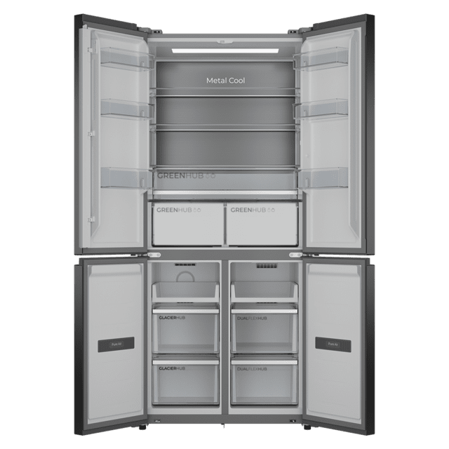 Bolero CoolMarket 4D 456 SBI Dark E Frigorífico 4 Puertas, Semi-Integrable, Ventilación frontal, MetalFlexCooling, Zona convertible (frigorífico-congelador), NoFrost, Esterilización por iones, Extra Capacidad Max Inside 456 Litros, Compresor Inverter Silencioso 35dB, Funciones SuperCool y SuperFreeze, Modo Vacaciones, Display