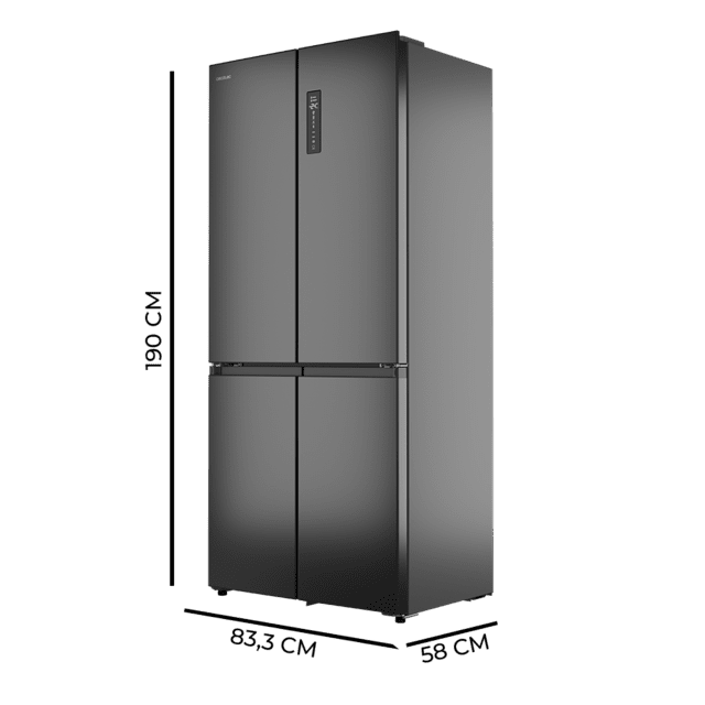 Bolero CoolMarket 4D 456 SBI Dark E Frigorífico 4 Puertas, Semi-Integrable, Ventilación frontal, MetalFlexCooling, Zona convertible (frigorífico-congelador), NoFrost, Esterilización por iones, Extra Capacidad Max Inside 456 Litros, Compresor Inverter Silencioso 35dB, Funciones SuperCool y SuperFreeze, Modo Vacaciones, Display