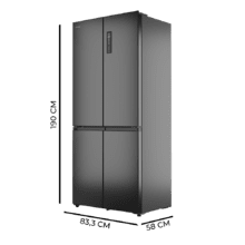 Bolero CoolMarket 4D 456 SBI Dark E Frigorífico 4 Puertas, Semi-Integrable, Ventilación frontal, MetalFlexCooling, Zona convertible (frigorífico-congelador), NoFrost, Esterilización por iones, Extra Capacidad Max Inside 456 Litros, Compresor Inverter Silencioso 35dB, Funciones SuperCool y SuperFreeze, Modo Vacaciones, Display