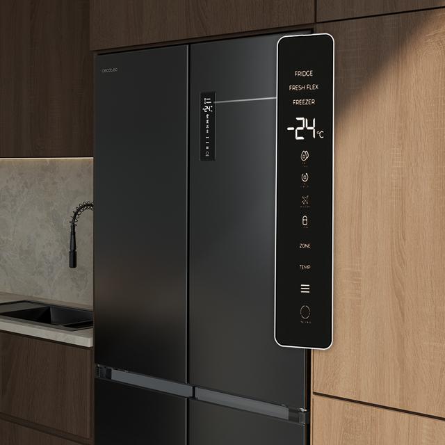 Bolero CoolMarket 4D 456 SBI Dark E Frigorífico 4 Puertas, Semi-Integrable, Ventilación frontal, MetalFlexCooling, Zona convertible (frigorífico-congelador), NoFrost, Esterilización por iones, Extra Capacidad Max Inside 456 Litros, Compresor Inverter Silencioso 35dB, Funciones SuperCool y SuperFreeze, Modo Vacaciones, Display
