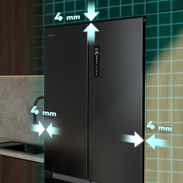 Bolero CoolMarket 4D 456 SBI Dark E Frigorífico 4 Puertas, Semi-Integrable, Ventilación frontal, MetalFlexCooling, Zona convertible (frigorífico-congelador), NoFrost, Esterilización por iones, Extra Capacidad Max Inside 456 Litros, Compresor Inverter Silencioso 35dB, Funciones SuperCool y SuperFreeze, Modo Vacaciones, Display