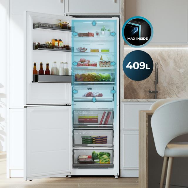 Bolero CoolMarket Combi 409 White E Weißer Kombikühlschrank, MAX INSIDE mit VIP-Technologie, Schublade mit variabler 6-Temperaturen-Regelung und Feuchtigkeitskontrolle, Total No Frost, Inverter Plus-Kompressor, Multi AirFlow, 409 l, 185 x 59,5 cm, Schnellkühl- und Schnellgefrierfunktionen, Smart-Modus, Green HUB XL, Außendisplay, Türen wechselbar, Glasböden, Klasse E.