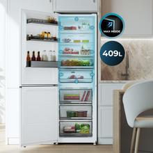 Bolero CoolMarket Combi 409 White E Weißer Kombikühlschrank, MAX INSIDE mit VIP-Technologie, Schublade mit variabler 6-Temperaturen-Regelung und Feuchtigkeitskontrolle, Total No Frost, Inverter Plus-Kompressor, Multi AirFlow, 409 l, 185 x 59,5 cm, Schnellkühl- und Schnellgefrierfunktionen, Smart-Modus, Green HUB XL, Außendisplay, Türen wechselbar, Glasböden, Klasse E.