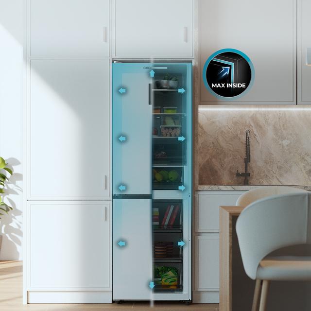 Bolero CoolMarket Combi 409 White E Frigorífico Combi Blanco, MAX INSIDE con VIP tech, Cajón Variable 6 temperaturas con control de humedad, Total No Frost, Compresor Inverter Plus, Multi AirFlow, 409 L, 185x59,5cm, Funciones Fast Cooling y Fast Freezing, Modo Smart, Green HUB XL, Display Exterior, Puertas Reversibles, Bandejas Cristal, Clase E.