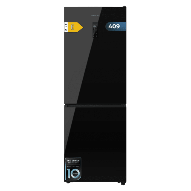 Bolero CoolMarket Combi 409 Black Glass E Frigorífico Combi Cristal Negro, MAX INSIDE con VIP tech, Cool Matrix, Cajón Variable 6 temperaturas con control de humedad, Total No Frost, Compresor Inverter Plus, Multi AirFlow, 409 L, 185x59,5cm, Funciones Fast Cooling y Fast Freezing, Modo Smart, Green HUB XL, Display Exterior, Puertas Reversibles, Botellero, Bandejas Cristal y Clase E.