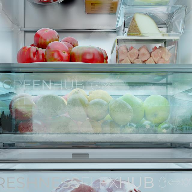 Bolero CoolMarket Combi 409 Black Glass E Kombikühlschrank aus schwarzem Glas, MAX INSIDE mit VIP-Technologie, Cool Matrix, Schublade mit variabler 6-Temperatur-Einstellung und Feuchtigkeitskontrolle, Total No Frost, Inverter Plus-Kompressor, Multi AirFlow, 409 l, 185 x 59,5 cm, Schnellkühl- und Schnellgefrierfunktionen, Smart-Modus, Green HUB XL, Außendisplay, Türen umkehrbar, Flaschenregal, Regale aus Glas und Klasse E.