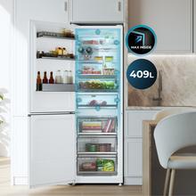 Bolero CoolMarket Combi 409 White C Weißer Kombikühlschrank, Klasse C, MAX INSIDE mit VIP-Technologie, Cool Matrix, Schublade mit variabler 6-Temperatur-Einstellung und Feuchtigkeitskontrolle, Total No Frost, Inverter Plus-Kompressor, Multi AirFlow, 409 l, 185 x 59,5 cm, Schnellkühl- und Schnellgefrierfunktionen, Smart-Modus, Green HUB XL, Außendisplay, Türen wechselbar, Flaschenregal und Glasablagen.
