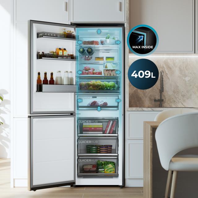 olero CoolMarket Combi 409 Inox C Réfrigérateur Combi Inox B Classe C, MAX INSIDE avec technologie VIP, Cool Matrix, Tiroir à 6 températures variables avec contrôle de l'humidité, Total No Frost, Compresseur Inverter Plus, Multi AirFlow, 409 L, 185x59,5 cm, Fonctions de refroidissement rapide et de congélation rapide, Mode intelligent, Green HUB XL, Affichage extérieur, Portes réversibles, Casier à bouteilles et Plateaux en verre.