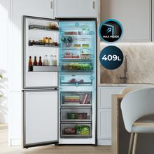 olero CoolMarket Combi 409 Inox C Réfrigérateur Combi Inox B Classe C, MAX INSIDE avec technologie VIP, Cool Matrix, Tiroir à 6 températures variables avec contrôle de l'humidité, Total No Frost, Compresseur Inverter Plus, Multi AirFlow, 409 L, 185x59,5 cm, Fonctions de refroidissement rapide et de congélation rapide, Mode intelligent, Green HUB XL, Affichage extérieur, Portes réversibles, Casier à bouteilles et Plateaux en verre.