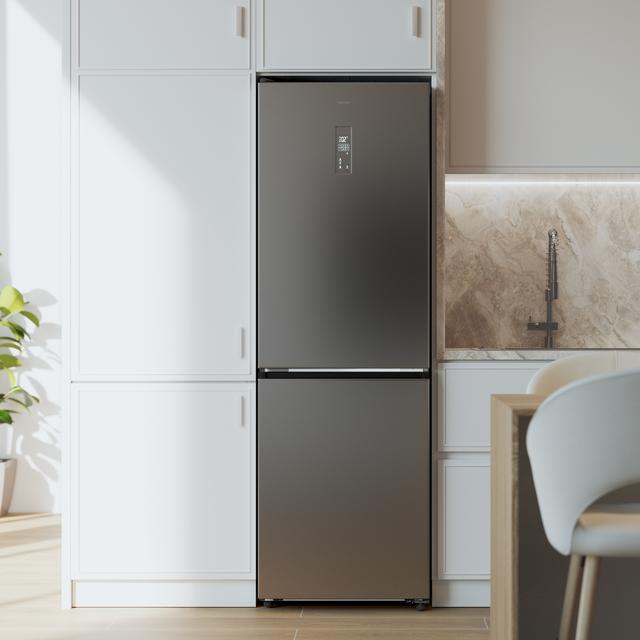 olero CoolMarket Combi 409 Inox C Réfrigérateur Combi Inox B Classe C, MAX INSIDE avec technologie VIP, Cool Matrix, Tiroir à 6 températures variables avec contrôle de l'humidité, Total No Frost, Compresseur Inverter Plus, Multi AirFlow, 409 L, 185x59,5 cm, Fonctions de refroidissement rapide et de congélation rapide, Mode intelligent, Green HUB XL, Affichage extérieur, Portes réversibles, Casier à bouteilles et Plateaux en verre.