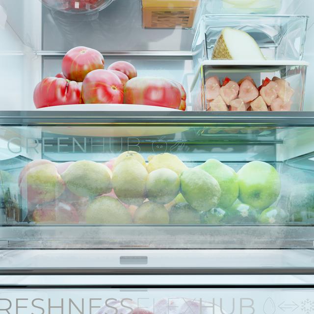 olero CoolMarket Combi 409 Inox C Réfrigérateur Combi Inox B Classe C, MAX INSIDE avec technologie VIP, Cool Matrix, Tiroir à 6 températures variables avec contrôle de l'humidité, Total No Frost, Compresseur Inverter Plus, Multi AirFlow, 409 L, 185x59,5 cm, Fonctions de refroidissement rapide et de congélation rapide, Mode intelligent, Green HUB XL, Affichage extérieur, Portes réversibles, Casier à bouteilles et Plateaux en verre.