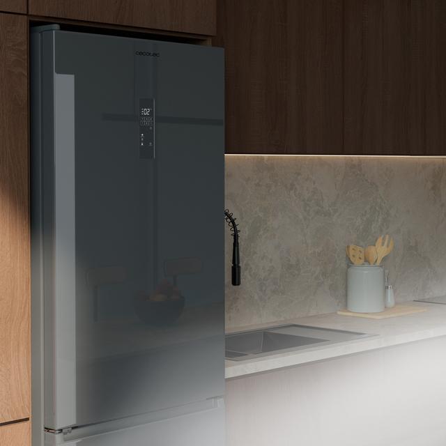 Bolero CoolMarket Combi 409 Black Glass C Frigorífico Combi Cristal Negro, Clase C, MAX INSIDE con VIP tech, Cool Matrix, Cajón Variable 6 temperaturas con control de humedad, Total No Frost, Compresor Inverter Plus, Multi AirFlow, 409 L, 185x59,5cm, Funciones Fast Cooling y Fast Freezing, Modo Smart, Green HUB XL, Display Exterior, Puertas Reversibles, Botellero y Bandejas Cristal.