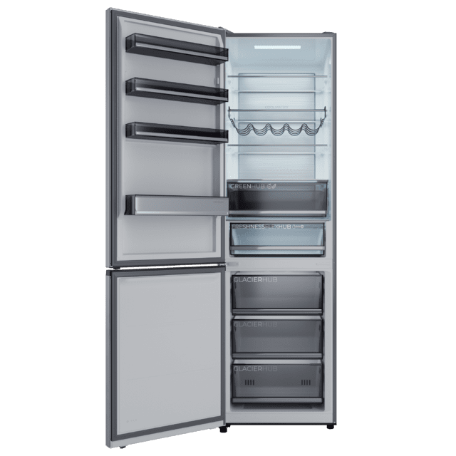 Bolero CoolMarket Combi 456 Inox E Kombi-Kühlschrank aus Inox, MAX INSIDE mit VIP-Technologie, Cool Matrix, Schublade mit variabler 6-Temperaturen-Steuerung und Feuchtigkeitskontrolle, Total No Frost, Inverter Plus-Kompressor, Multi AirFlow, 456 l, 201 x 59,5 cm, Schnellkühl- und Schnellgefrierfunktionen, Smart-Modus, Green HUB XL, Außendisplay, Türen wechselbar, Flaschenregal, Glasböden und Klasse E.