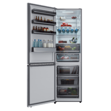 Bolero CoolMarket Combi 456 Inox E Kombi-Kühlschrank aus Inox, MAX INSIDE mit VIP-Technologie, Cool Matrix, Schublade mit variabler 6-Temperaturen-Steuerung und Feuchtigkeitskontrolle, Total No Frost, Inverter Plus-Kompressor, Multi AirFlow, 456 l, 201 x 59,5 cm, Schnellkühl- und Schnellgefrierfunktionen, Smart-Modus, Green HUB XL, Außendisplay, Türen wechselbar, Flaschenregal, Glasböden und Klasse E.