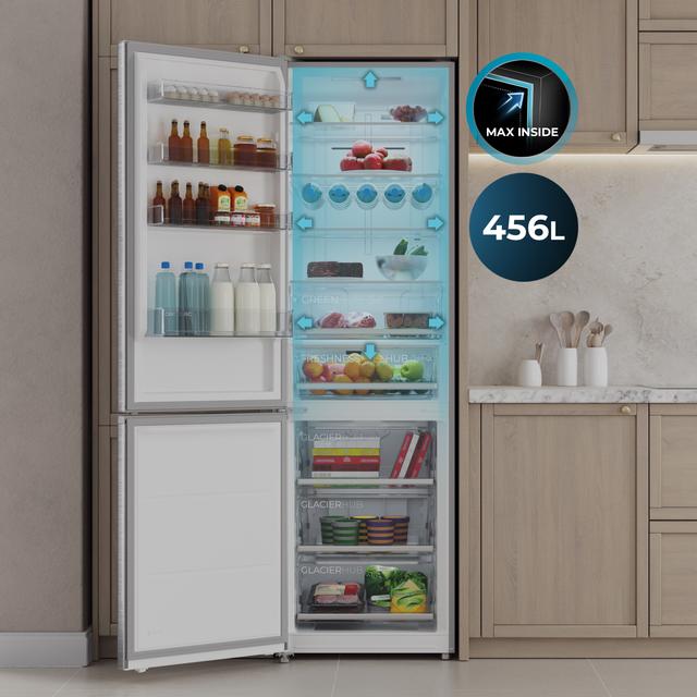 Bolero CoolMarket Combi 456 Inox E Kombi-Kühlschrank aus Inox, MAX INSIDE mit VIP-Technologie, Cool Matrix, Schublade mit variabler 6-Temperaturen-Steuerung und Feuchtigkeitskontrolle, Total No Frost, Inverter Plus-Kompressor, Multi AirFlow, 456 l, 201 x 59,5 cm, Schnellkühl- und Schnellgefrierfunktionen, Smart-Modus, Green HUB XL, Außendisplay, Türen wechselbar, Flaschenregal, Glasböden und Klasse E.