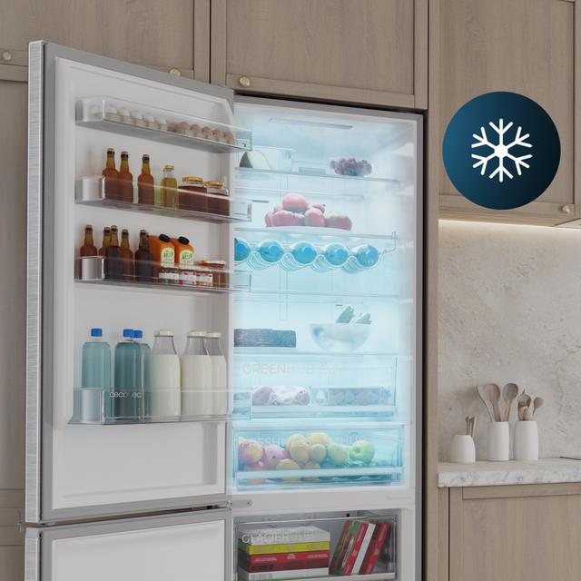 Bolero CoolMarket Combi 456 Inox C Frigorífico Combi Inox, Clase C, MAX INSIDE con VIP tech, Cool Matrix, Cajón Variable 6 temperaturas con control de humedad, Total No Frost, Compresor Inverter Plus, Multi AirFlow, 456 L, 201x59,5cm Funciones Fast Cooling y Fast Freezing, Modo Smart, Green HUB XL, Display Exterior, Puertas Reversibles, Botellero y Bandejas Cristal.