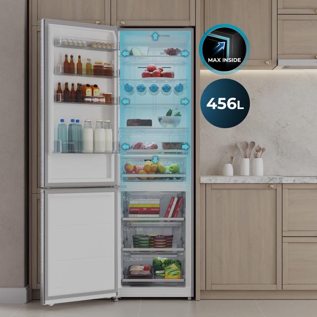 Bolero CoolMarket Combi 456 Inox C Frigorífico Combi Inox, Clase C, MAX INSIDE con VIP tech, Cool Matrix, Cajón Variable 6 temperaturas con control de humedad, Total No Frost, Compresor Inverter Plus, Multi AirFlow, 456 L, 201x59,5cm Funciones Fast Cooling y Fast Freezing, Modo Smart, Green HUB XL, Display Exterior, Puertas Reversibles, Botellero y Bandejas Cristal.
