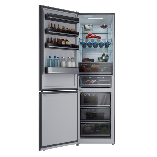 Bolero CoolMarket Combi 456 Dark C Dunkler Kombi-Kühlschrank, Klasse C, MAX INSIDE mit VIP-Technologie, Cool Matrix, Schublade mit variabler 6-Temperaturen-Steuerung und Feuchtigkeitskontrolle, Total No Frost, Inverter Plus-Kompressor, Multi AirFlow, 456 l, 201 x 59,5 cm, Schnellkühl- und Schnellgefrierfunktionen, Smart-Modus, Green HUB XL, Außendisplay, Türen umkehrbar, Flaschenregal und Glastabletts.