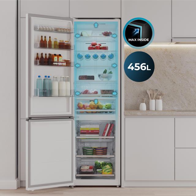Bolero CoolMarket Combi 456 White Glass C Frigorífico Combi Cristal Blanco, Clase C, MAX INSIDE con VIP tech, Cool Matrix, Cajón Variable 6 temperaturas con control de humedad, Total No Frost, Compresor Inverter Plus, Multi AirFlow, 456 L, 201x59,5cm Funciones Fast Cooling y Fast Freezing, Modo Smart, Green HUB XL, Display Exterior, Puertas Reversibles, Botellero y Bandejas Cristal.