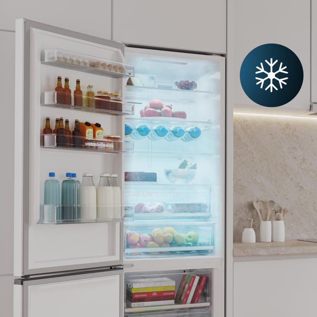 Bolero CoolMarket Combi 456 White Glass C Frigorífico Combi Cristal Blanco, Clase C, MAX INSIDE con VIP tech, Cool Matrix, Cajón Variable 6 temperaturas con control de humedad, Total No Frost, Compresor Inverter Plus, Multi AirFlow, 456 L, 201x59,5cm Funciones Fast Cooling y Fast Freezing, Modo Smart, Green HUB XL, Display Exterior, Puertas Reversibles, Botellero y Bandejas Cristal.
