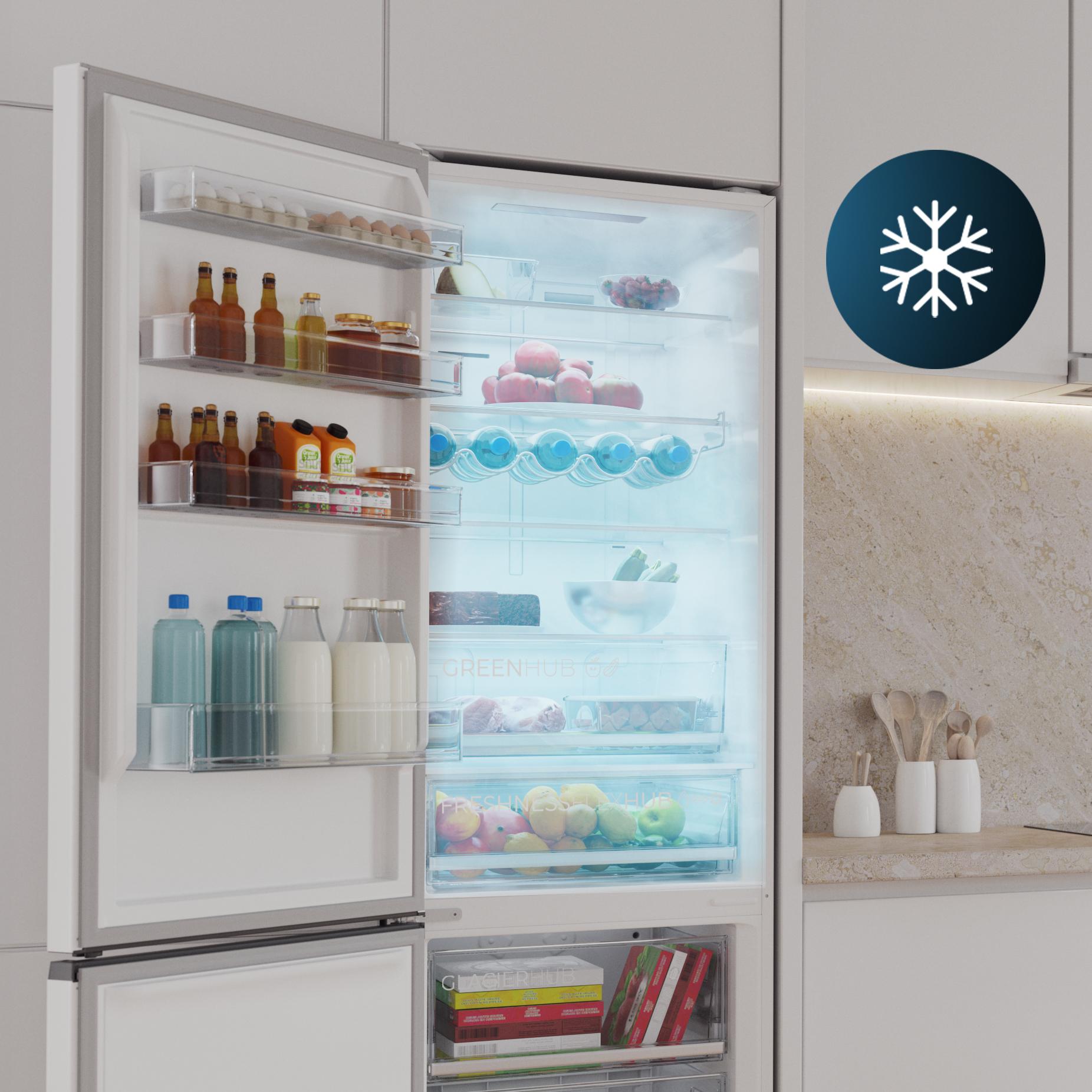 Réfrigérateur-congélateur Combiné Cecotec Bolero CoolMarket 456L - No Frost, Verre Blanc, Classe C, 201x59.5 Cm | Technologie Inverter Plus, 6 Compartiments Variables, écran Extérieur