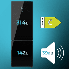 Bolero CoolMarket Combi 456 Black Glass C Kombikühlschrank aus schwarzem Glas, Klasse C, MAX INSIDE mit VIP-Technologie, Cool Matrix, Schublade mit variabler 6-Temperaturen-Einstellung und Feuchtigkeitskontrolle, Total No Frost, Inverter Plus-Kompressor, Multi AirFlow, 456 l, 201 x 59,5 cm, Schnellkühl- und Schnellgefrierfunktionen, Smart-Modus, Green HUB XL, Außendisplay, Türen umkehrbar, Flaschenregal und Glastabletts.