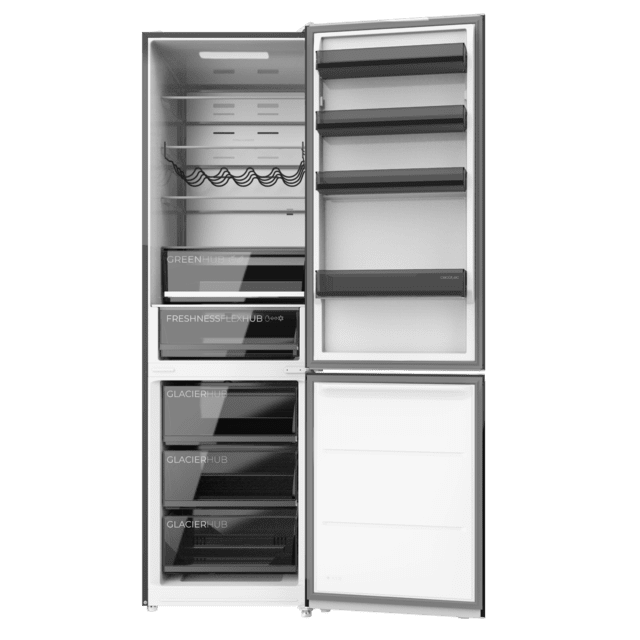 Bolero CoolMarket Combi 456 Black Glass C Frigorífico Combi Cristal Negro, Clase C, MAX INSIDE con VIP tech, Cool Matrix, Cajón Variable 6 temperaturas con control de humedad, Total No Frost, Compresor Inverter Plus, Multi AirFlow, 456 L, 201x59,5cm Funciones Fast Cooling y Fast Freezing, Modo Smart, Green HUB XL, Display Exterior, Puertas Reversibles, Botellero y Bandejas Cristal.