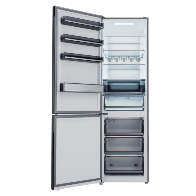 Bolero CoolMarket Combi 456 Black Glass C Kombikühlschrank aus schwarzem Glas, Klasse C, MAX INSIDE mit VIP-Technologie, Cool Matrix, Schublade mit variabler 6-Temperaturen-Einstellung und Feuchtigkeitskontrolle, Total No Frost, Inverter Plus-Kompressor, Multi AirFlow, 456 l, 201 x 59,5 cm, Schnellkühl- und Schnellgefrierfunktionen, Smart-Modus, Green HUB XL, Außendisplay, Türen umkehrbar, Flaschenregal und Glastabletts.