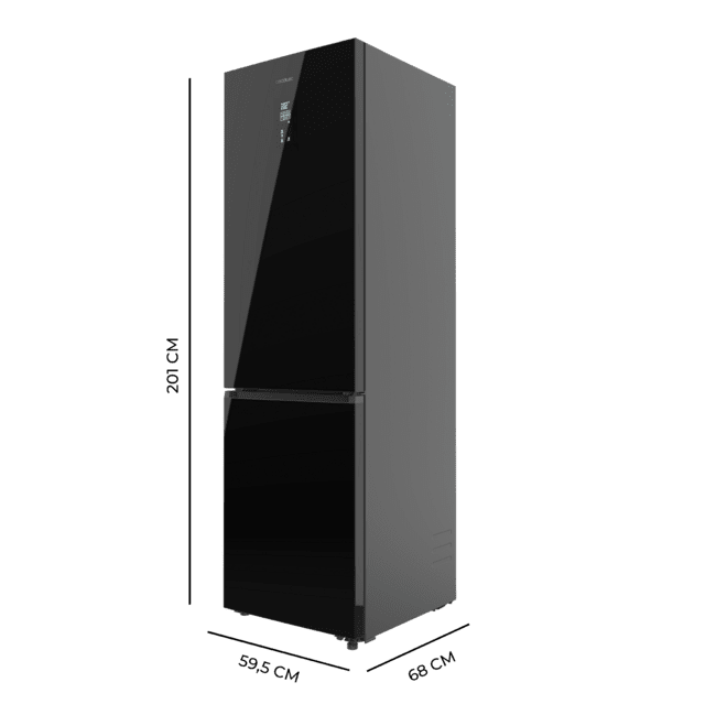 Bolero CoolMarket Combi 456 Black Glass C Kombikühlschrank aus schwarzem Glas, Klasse C, MAX INSIDE mit VIP-Technologie, Cool Matrix, Schublade mit variabler 6-Temperaturen-Einstellung und Feuchtigkeitskontrolle, Total No Frost, Inverter Plus-Kompressor, Multi AirFlow, 456 l, 201 x 59,5 cm, Schnellkühl- und Schnellgefrierfunktionen, Smart-Modus, Green HUB XL, Außendisplay, Türen umkehrbar, Flaschenregal und Glastabletts.