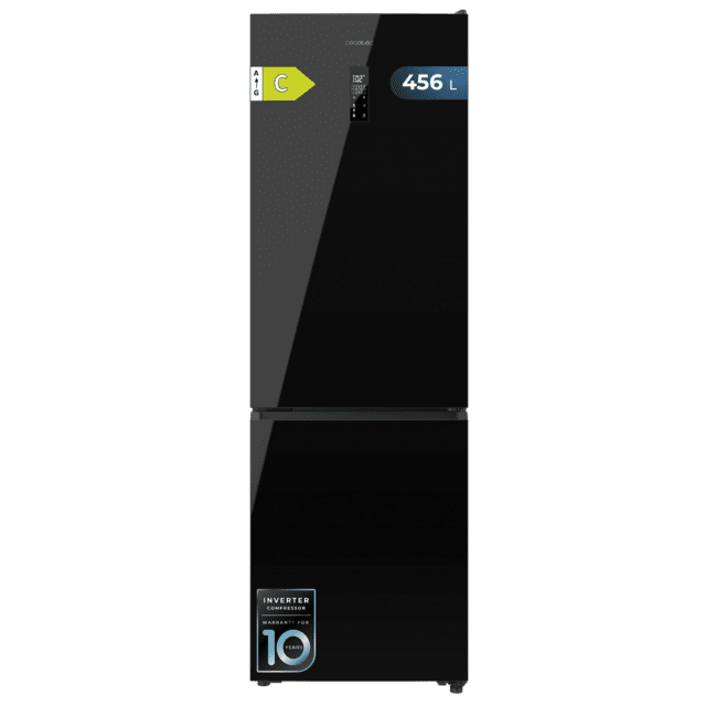 Bolero CoolMarket Combi 456 Black Glass C Frigorífico Combi Cristal Negro, Clase C, MAX INSIDE con VIP tech, Cool Matrix, Cajón Variable 6 temperaturas con control de humedad, Total No Frost, Compresor Inverter Plus, Multi AirFlow, 456 L, 201x59,5cm Funciones Fast Cooling y Fast Freezing, Modo Smart, Green HUB XL, Display Exterior, Puertas Reversibles, Botellero y Bandejas Cristal.
