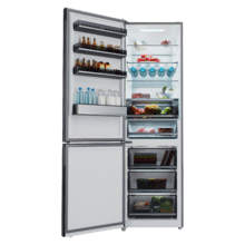 Bolero CoolMarket Combi 456 Black Glass C Kombikühlschrank aus schwarzem Glas, Klasse C, MAX INSIDE mit VIP-Technologie, Cool Matrix, Schublade mit variabler 6-Temperaturen-Einstellung und Feuchtigkeitskontrolle, Total No Frost, Inverter Plus-Kompressor, Multi AirFlow, 456 l, 201 x 59,5 cm, Schnellkühl- und Schnellgefrierfunktionen, Smart-Modus, Green HUB XL, Außendisplay, Türen umkehrbar, Flaschenregal und Glastabletts.